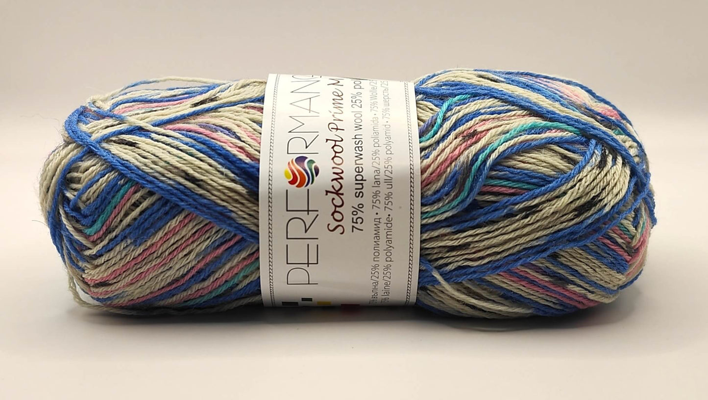 Sockwool prime multi sinivaaleanpunainen 75% villa 25% polyamidi lankakerä